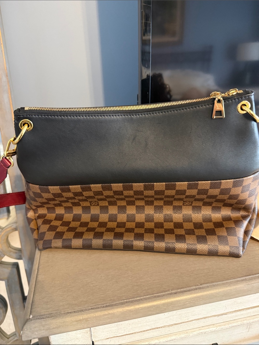 Louis Vuitton Damier Ebene Shoulder Bag with Black Top and Burgundy Strap - Picture 2 of 5
